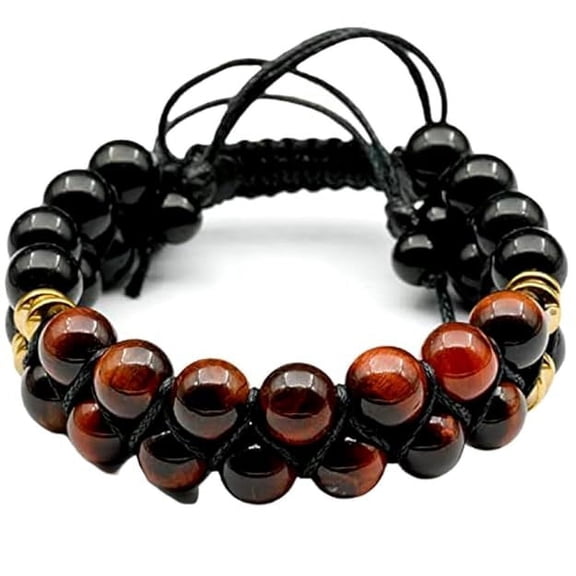 Natural Red Tigers Eye & Black Onyx Threaded Double Layer Bracelet 6mm Round Smooth Beads Red Tigers Eye & Black Onyx Adjustable Thread Bracelet. Unisex Macrame Yoga Bracelet