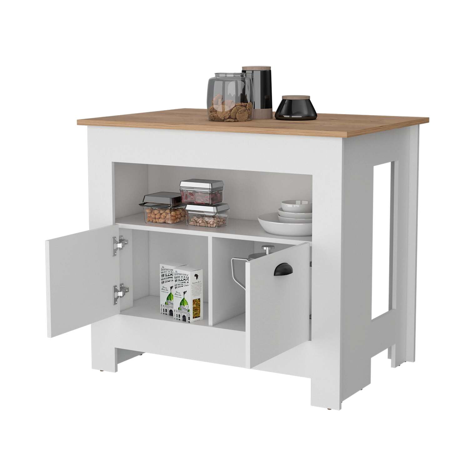FM FURNITURE Theba Kitchen Island with 2 doors 3 shelves White Engineered Wood