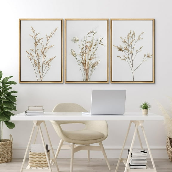 IDEA4WALL Framed Canvas Print Wall Art Set of 3 Wildflower Floral Botanical Prints, Modern Farmhouse Flowers Wall Decor, Large Wall Art, Minimalist Artwork for Home Decor - Natural 16"x24"x3