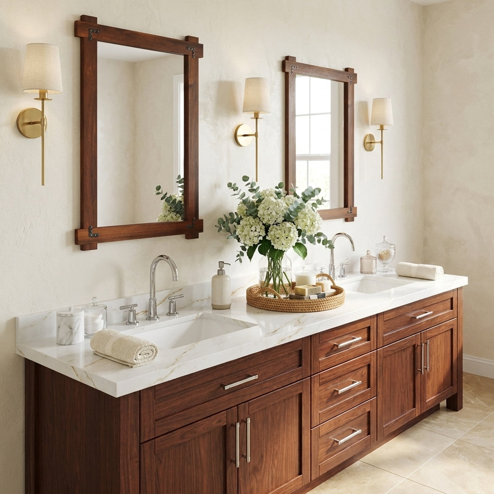Vebreda Bathroom Wall Mirror, Wood Framed Mirror with Acacia Wood Frame and Vintage Rivet Design Brown, Ample Storage, Zero Clutter