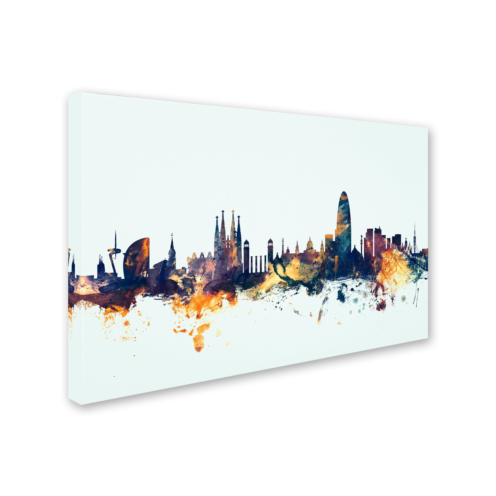 "Barcelona Spain Skyline Blue" Canvas Art by Michael Tompsett