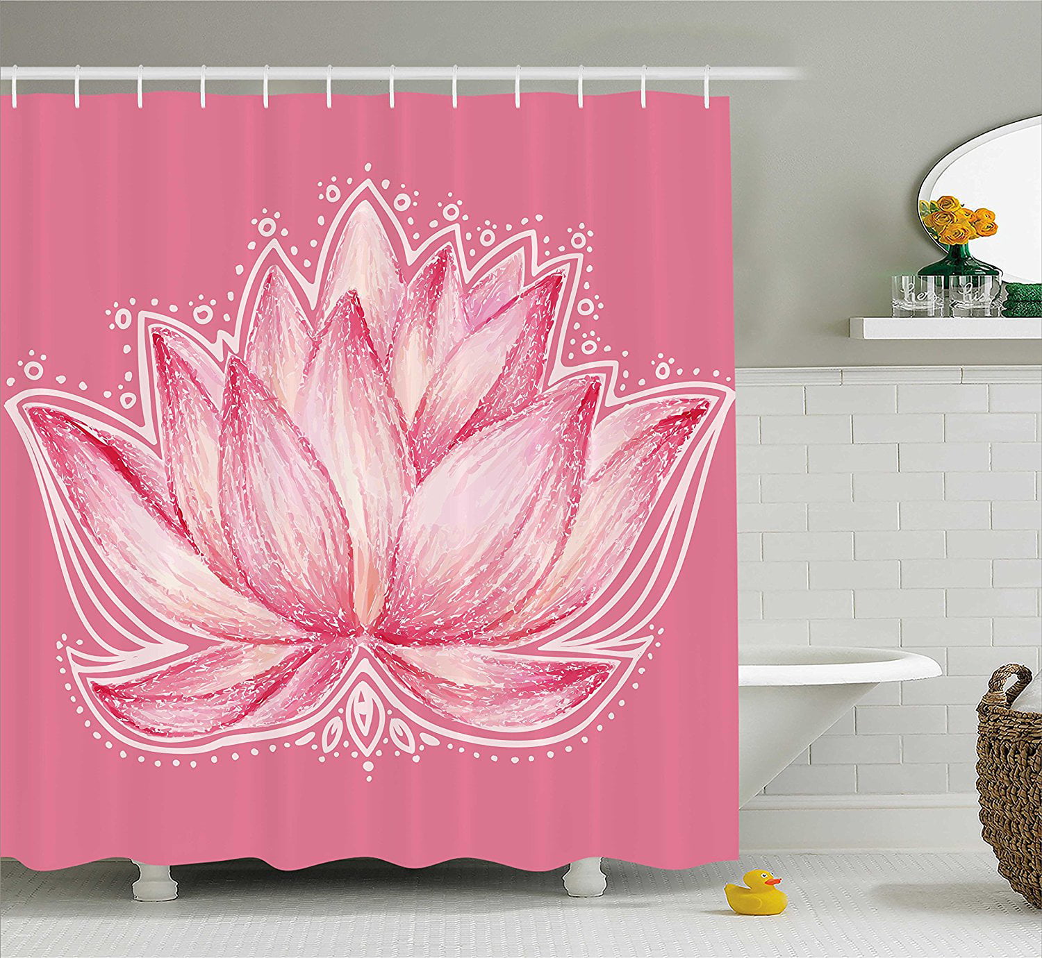 Cartoon Lotus and Fish Bathroom Accessories Fabric Shower Curtain Sets 12 Hooks 