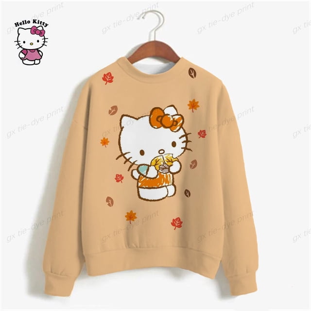 sudadera con capucha para mujer, suéter con estampado de hello kitty, moda coreana, top holgado con estampado de dibujos animados, y2k Sudadera holgada beige con cuello redondo y mangas largas, vista frontal centrada; presenta un gran estampado 3D de Hello Kitty sosteniendo flores en tonos naranja y amarillo, con pequeños motivos de hojas alrededor, dobladillo y puños acanalados. Ideal para looks casuales Y2K y a menudo usada como cómodo top de descanso en casa.