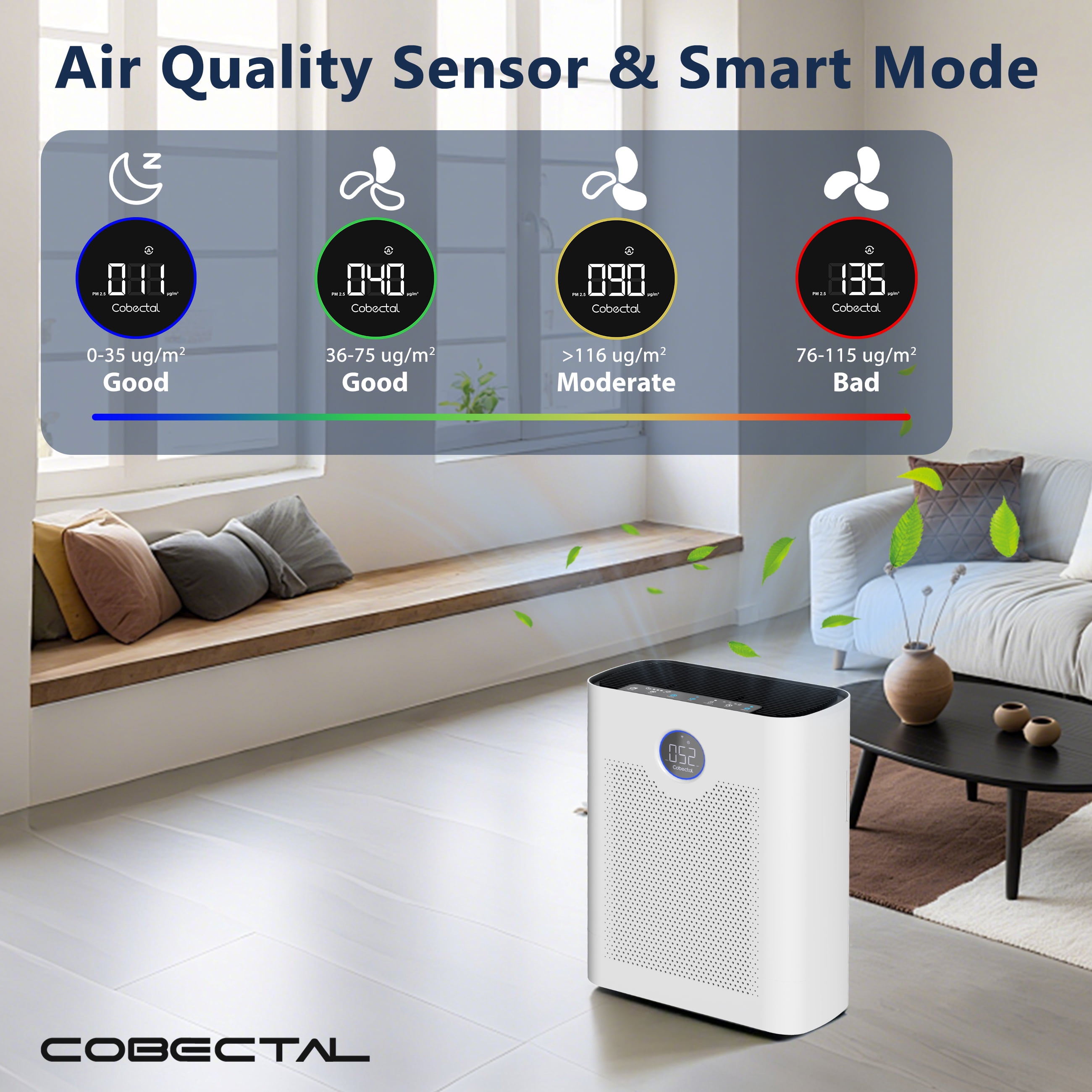 Cobectal ZQA-8000A Air Purifiers for Home,H14 Large Air Purifier Suitable for Pet,White