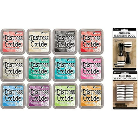 Ink Blending Tool - Tim Holtz Distress Oxide Ink Pads Set of 12 and Mini Ink Blending Tools Round with Replacement Foams