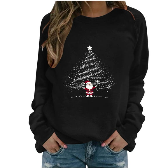 Black and Friday Clothing Sales Women Christmas Fashion Casual Printed Round Neck Loose Long Sleeve Capless Sweatshirt Top