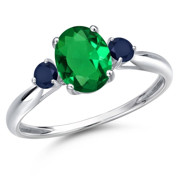 Gem Stone King 10K White Gold Green Nano Emerald and Blue Sapphire 3-Stone Ring for Women | 1.05 Cttw | Oval 8X6MM | Gemstone May Birthstone | Size 9