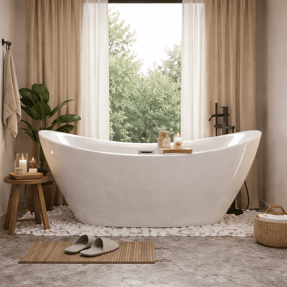 59 "Acrylic freestanding tub, Gloss white, with chrome overflow and pop-up Drain, CUPC Certified