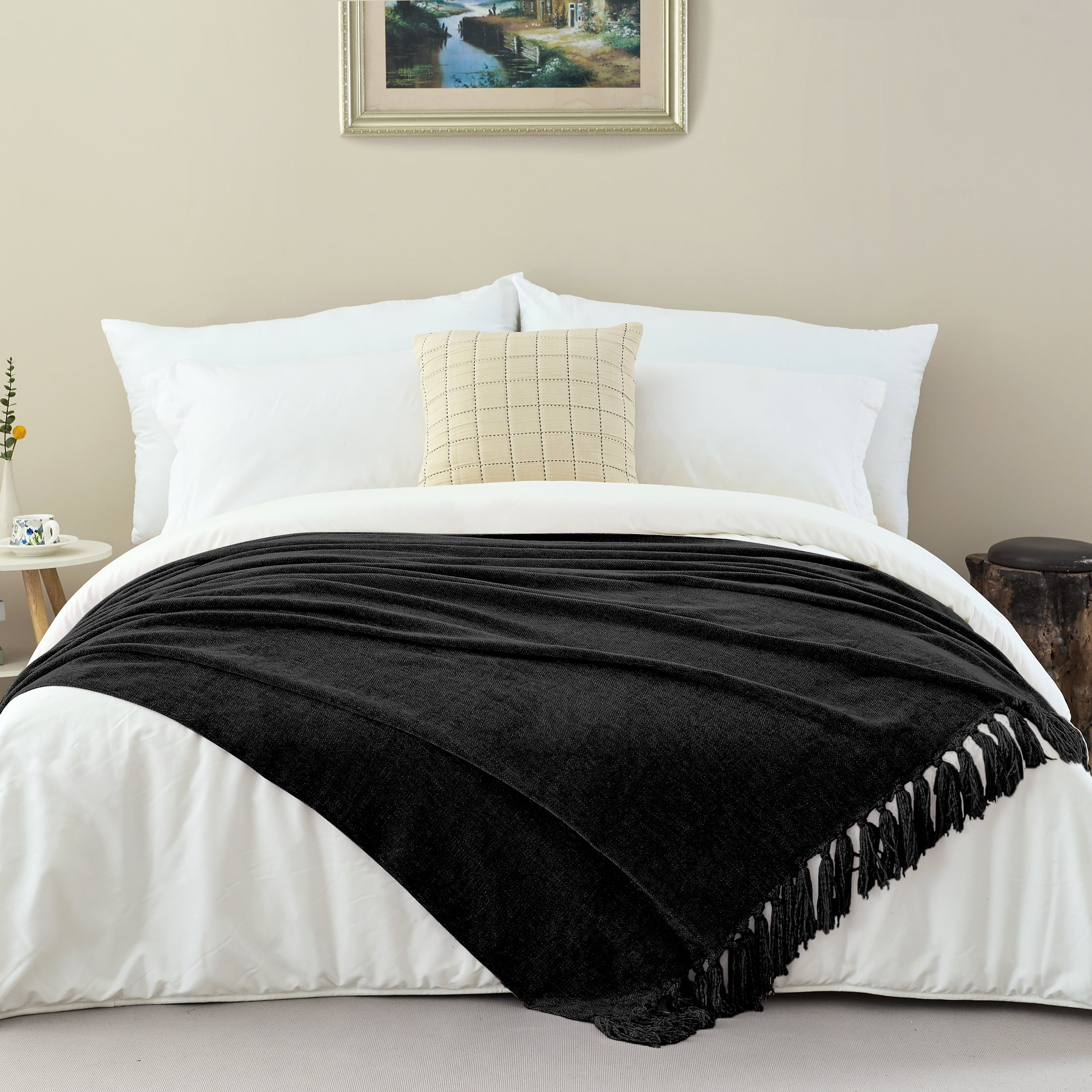 LONG CREATE Chenille Throw Blanket with Fringe Tassel for Couch Sofa Chair Bed, Black 50" x 70"