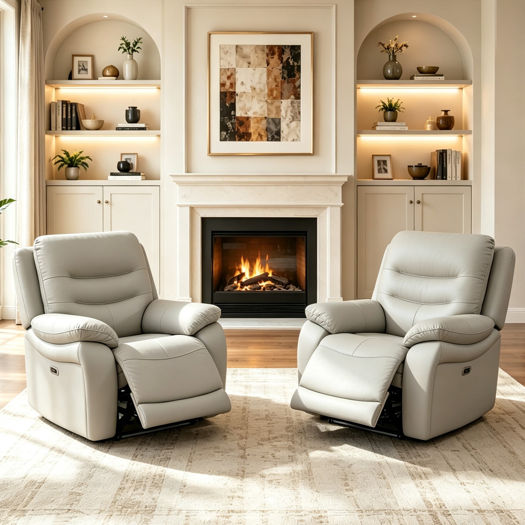 Gewnee Power Recliner Chair, Adjustable Reclining Lounge Chair with USB Ports, LED Lights, Air Leather Upholstered Single Sofa Recliner for Living Room, Office, Light Gray
