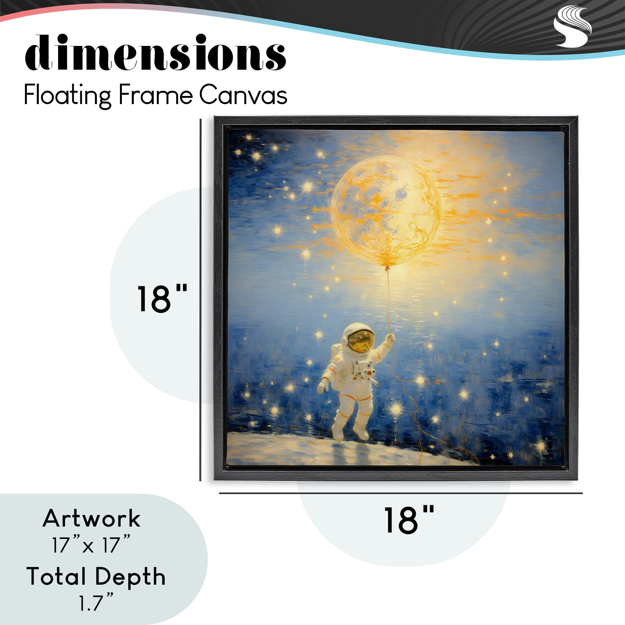 Astronaut with Dreamy Cosmic Balloon Black Framed Floater Canvas Wall Art, design by Angie Hawke