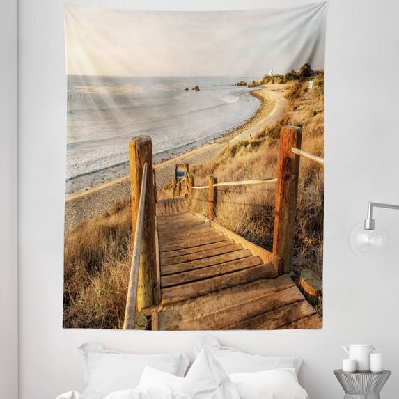 Beach Pathway Tapestry, USA Pacific Coast Boardwalk to Leo Carrillo State Beach Malibu California, Fabric Wall Hanging Decor for Bedroom Living Room Dorm, 5 Sizes, Multicolor, by Ambesonne