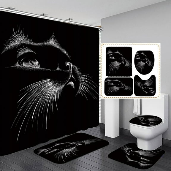 4Pcs Cute Black Cat Shower Curtain Sets with Non-Slip Rug, Toilet Lid Cover and Bath Mat White Black Shower Curtains with 12 Hooks Waterproof Decorative Bath Curtains-Black