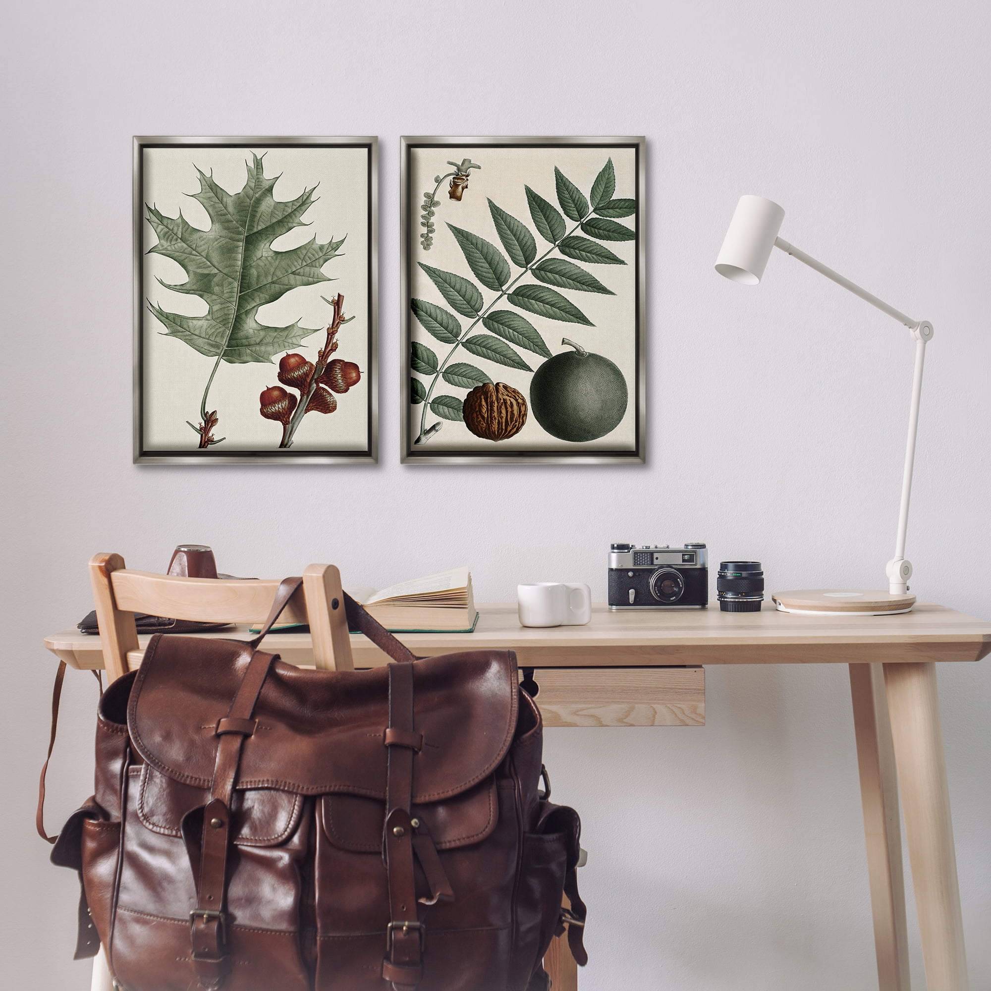 Stupell Industries Tree Leaves & Nuts Plants & Flowers Painting Gray Floater Framed Canvas Art Print Wall Art, 17 x 25, Set of 2