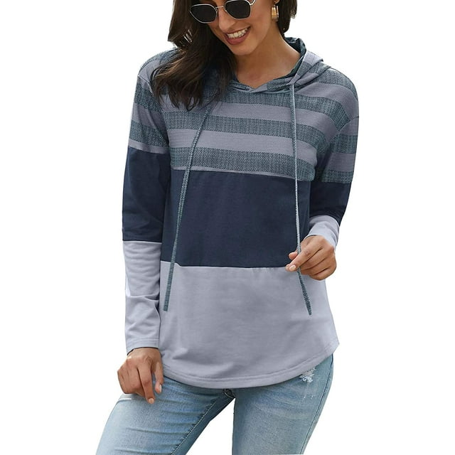 Women Striped Sweatshirts Hoodies Block Long Sleeve Pullover Sweatshirts Drawstring Loose Tops Fall Winter