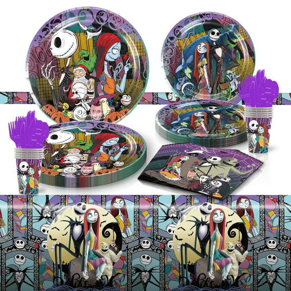 Nightmare Before Christmas birthday party decorations, party supplies including tablecloths, plates, cutlery, napkins, cups, Jack and Sally party decorations for girls and kids