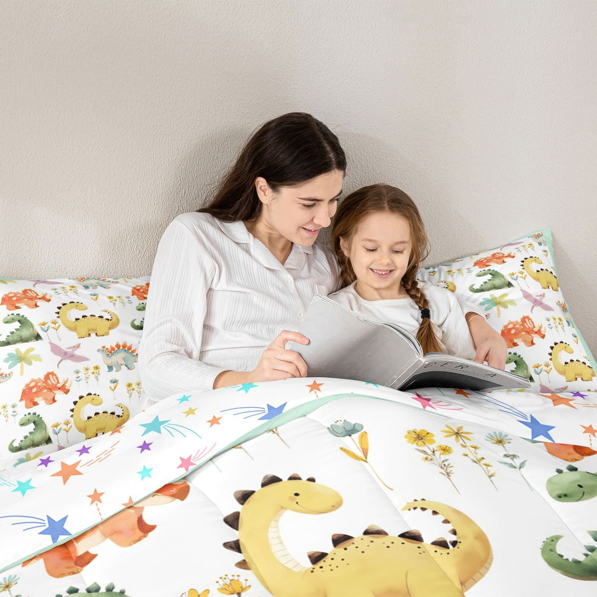 Castle Fairy Boys Girls Kawaii Dinosaurs Bedding Comforter Set 7 Pieces,Colorful Jungle Animal Full Bedding Set Lightweight,Cartoon Flowers Wildlife Fitted Sheet Flat Sheet,Super Cozy Room Decor