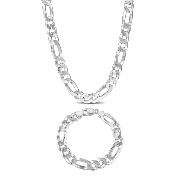 Everly Men's Sterling Silver 12.3mm Figaro Chain Necklace and Bracelet Set - 22 in   9 in
