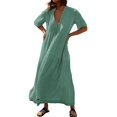 thumbnail image 1 of Vestido maxi boho verde de algodón R.Vivimos con cuello en V, talla pequeña, 1 of 5