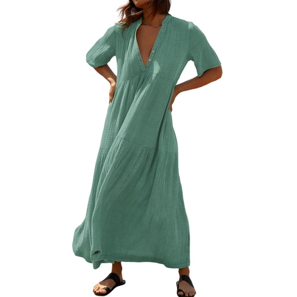 Vestido maxi boho verde de algodón R.Vivimos con cuello en V, talla pequeña