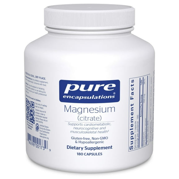 Pure Encapsulations Magnesium (Citrate) - Supplement for Sleep, Heart Health, Cognitive Health, Bone Health, Energy, Muscles, and Metabolism* - With Premium Magnesium - 180 Capsules