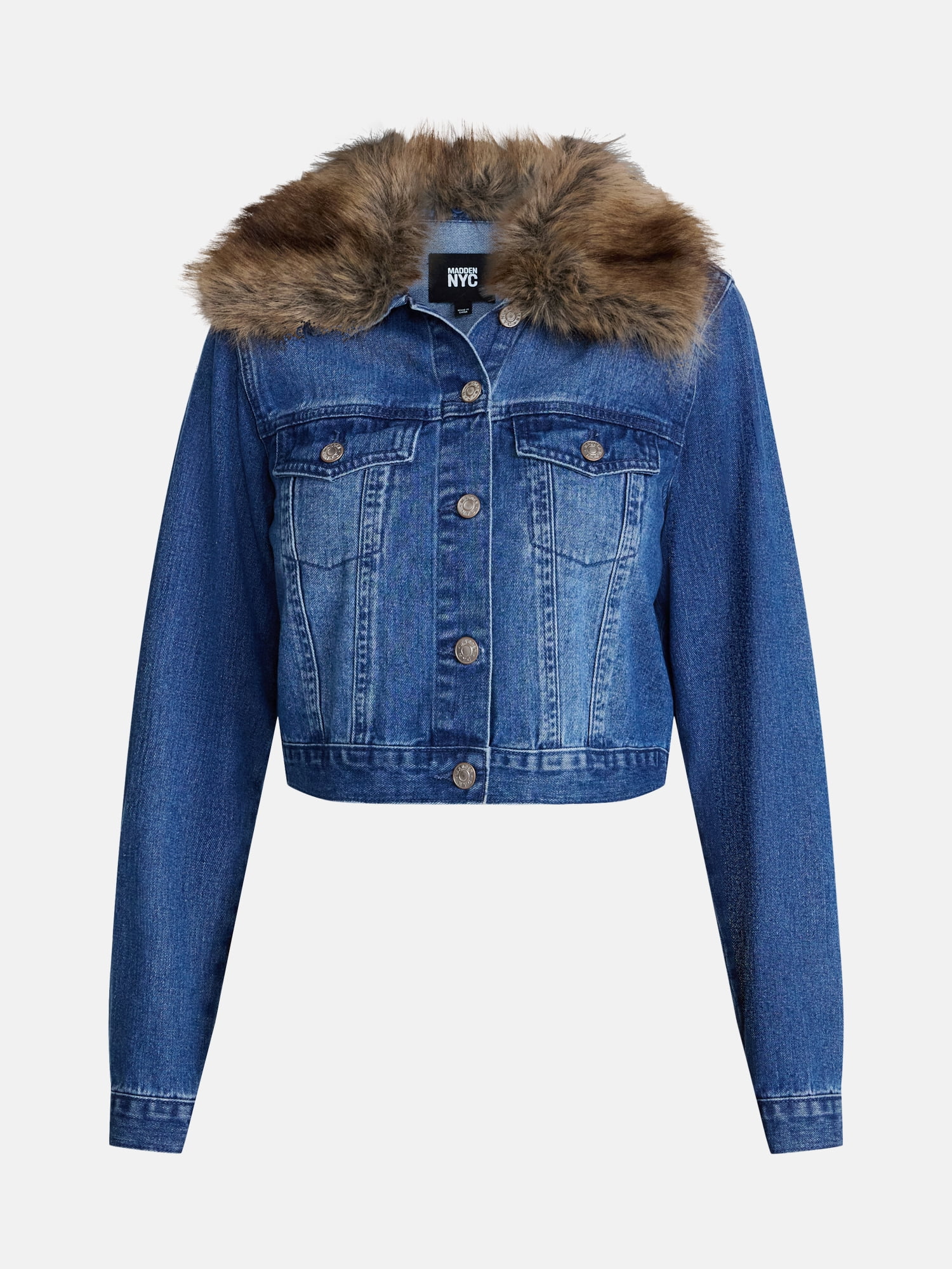 Madden NYC Women's Cropped Denim Jacket with Faux Fur Collar, Sizes XXS-XXL