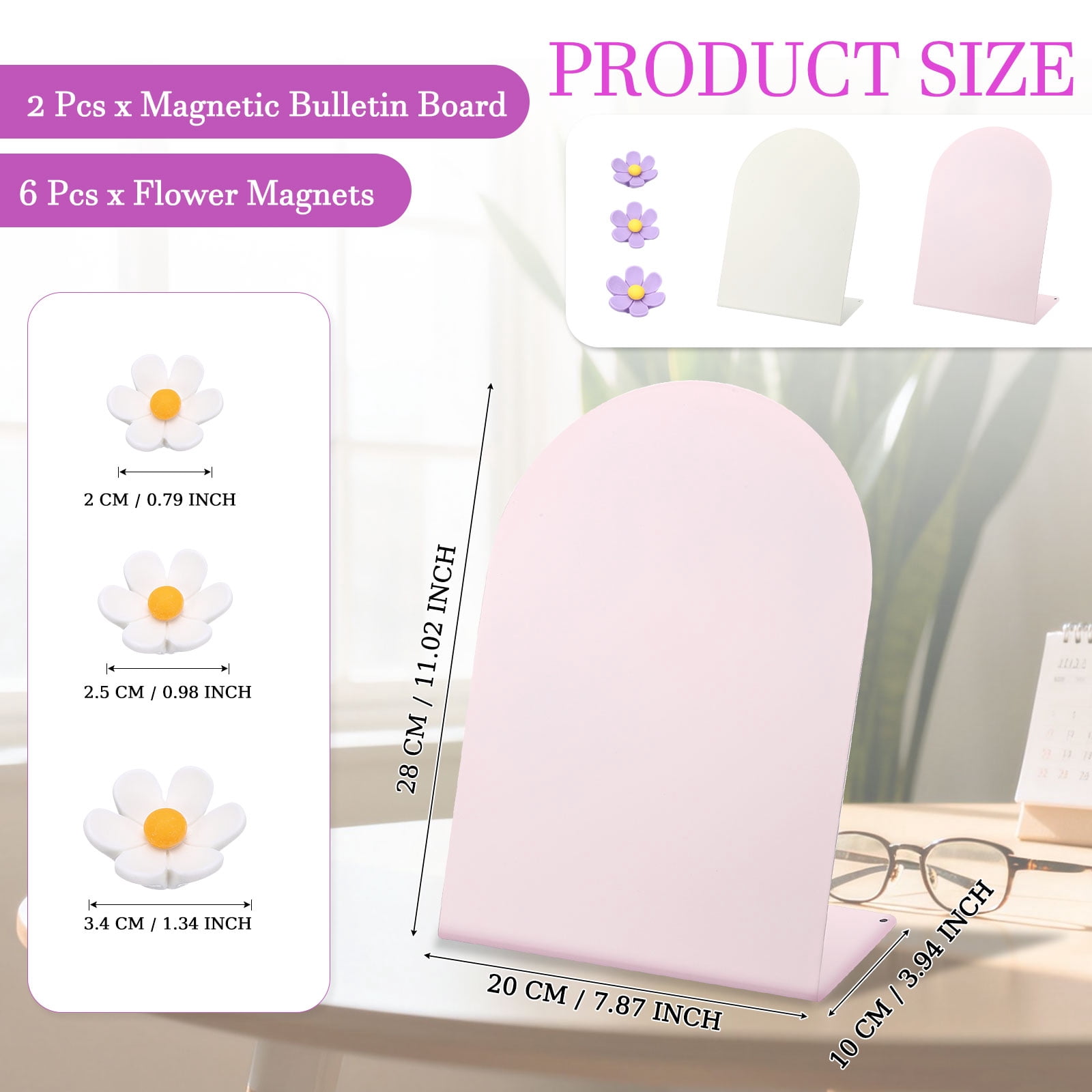 Uxcell 2 Pcs Magnetic Bulletin Board, Memo Magnet Display Stand Board with 6 Flower Magnets for Home Office Kitchen, Pink/White/Purple
