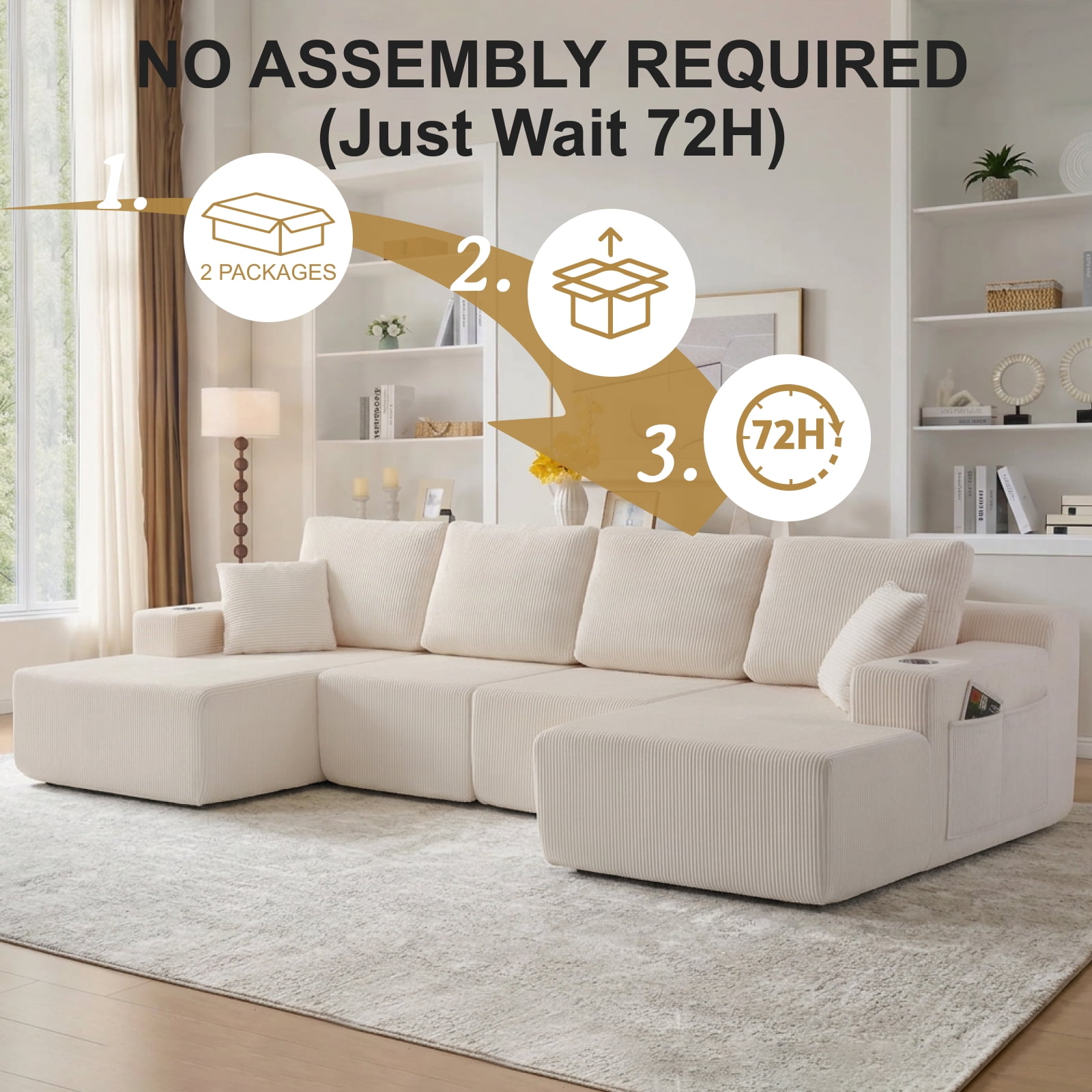 130" U-Shaped Boneless Modular Sectional Sofa with Chaise, 6 Pillows and Cup Holders