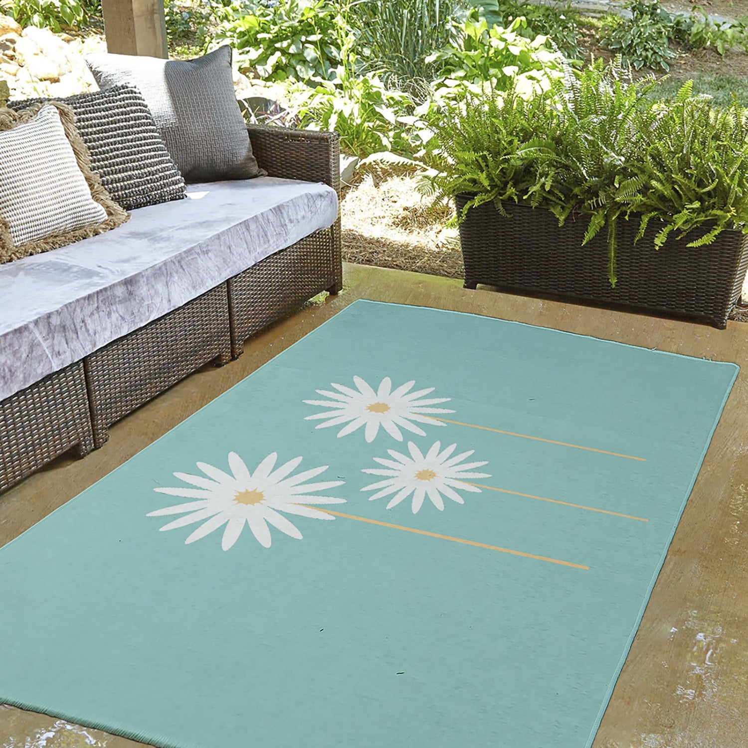 Simply Daisy 3' x 5' Light Blue Floral Print Spring Chenille Indoor/Outdoor Rug
