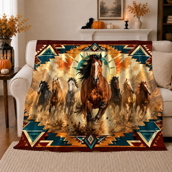 Wild Horses Galloping Through Dusty, Rustic Farmhouse Horse Scene, Warm Flannel Blanket for Ranch House and Living Room, Horse Lovers Thanksgiving Gift, Rustic Home Decor