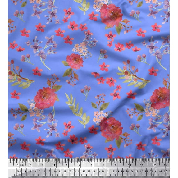 Soimoi Blue Poly Georgette Fabric Chrysanthemum & Blossom Floral Print Sewing Fabric 1 Yard 52 Inch Wide