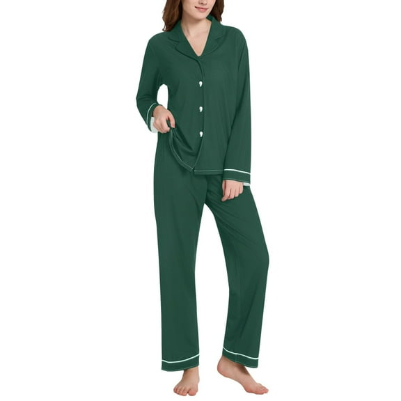 joogoo Dark Green Paint Pajamas Set for Women Long Sleeve Pjs Loungewear L