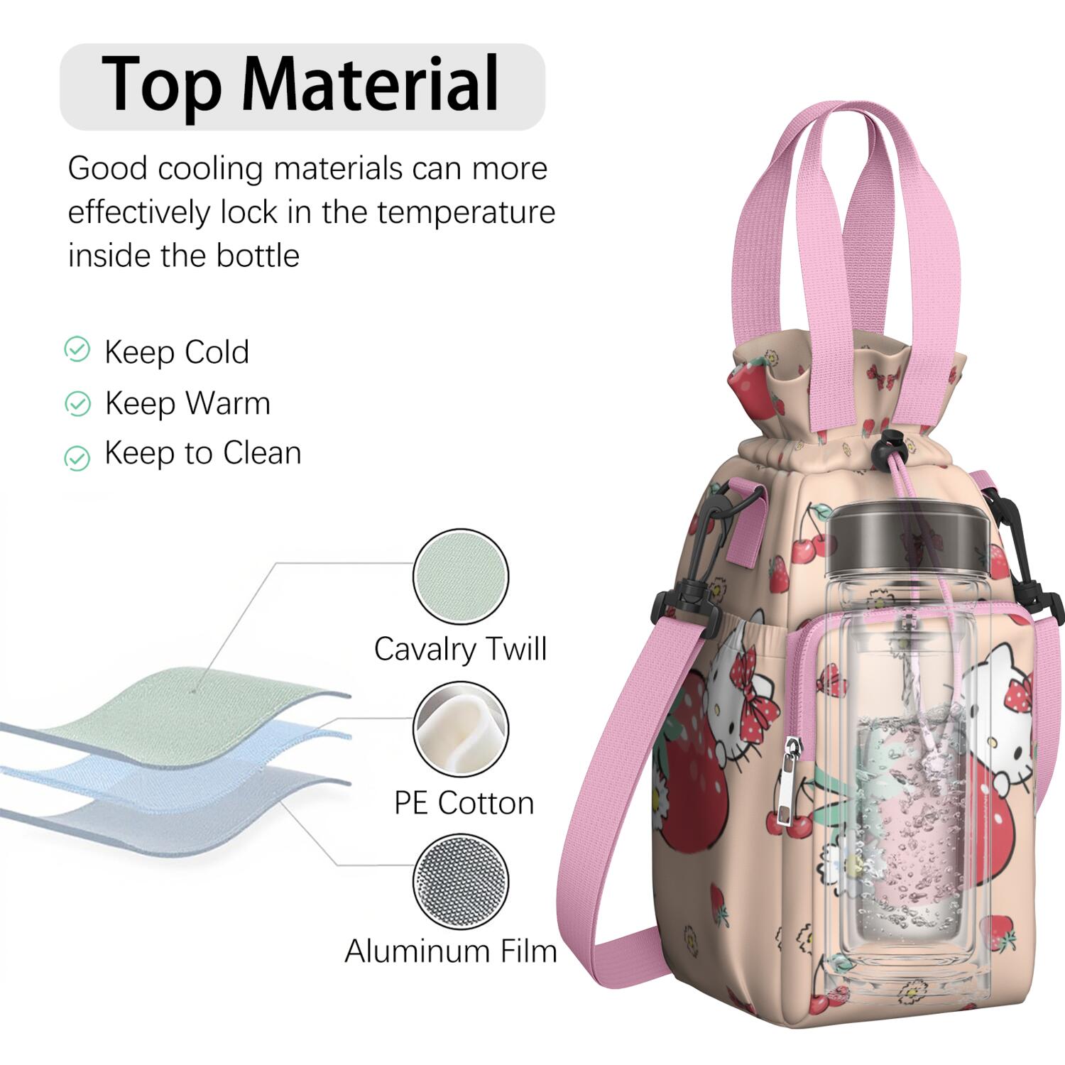 Insulated Water Bottle Carrier Bag Sleeve with Strap Crossbody for 20/24/32/40oz Tumbler,Hello Kawaii Cat Cute Water Bottle Holder Sling Bag with Pocket Gifts for Women Men Adults