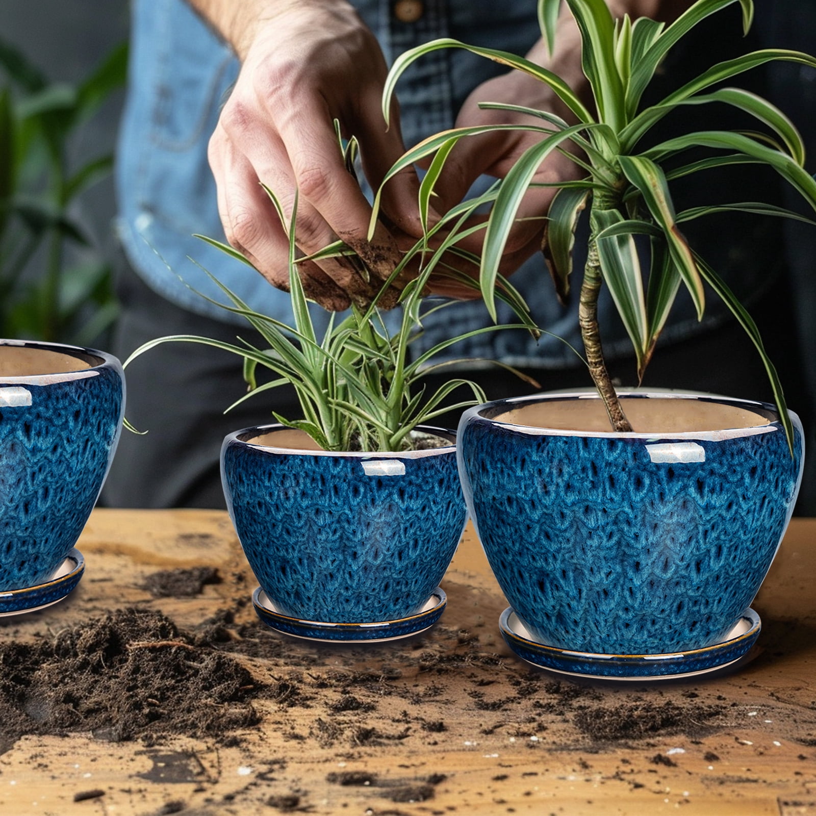 Ceramic Plant Pots ,10+8+6 inch Modern Large Flower Planters for Plants with Drainage & Saucer for Orchids & Succulents Housewarming Gift for Women, Set of 3 Blue-Glaze