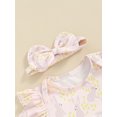 thumbnail image 5 of Bagilaanoe 3Pcs Newborn Baby Easter Outfits Girls Overalls Dress Set Print Short Sleeve Romper Tops + Denim Suspender Skirt + Headband 3M 6M 9M 12M 18M Infant Casual Clothes, 5 of 9