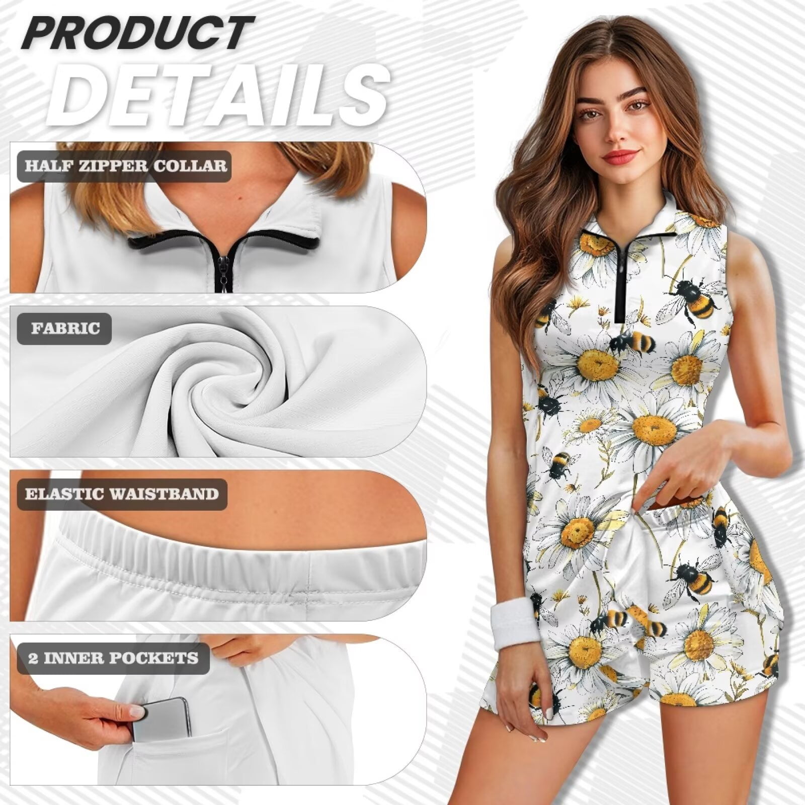 Yuyamidu Bee Daisy Womens Tennis Golf Dresses with Built-in Shorts Womens Sleeveless Golf Tennis Dresses Dry Fit Sports Activewear Dress Moisture Wicking Athletic Dress Size XL