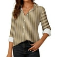 thumbnail image 2 of ShomPort Womens Button Down Shirts Striped Classic Long Sleeve Collared Office Work Blouses Tops (Khaki 11), 2 of 5