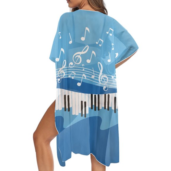 SCRAWLGOD Piano Music Notes Print Kimono Swimsuit Cover Up for Women Flowy Lightweight Swimsuit Coverup Quick Dry Loose Bathing Suit Cover Up for Beach