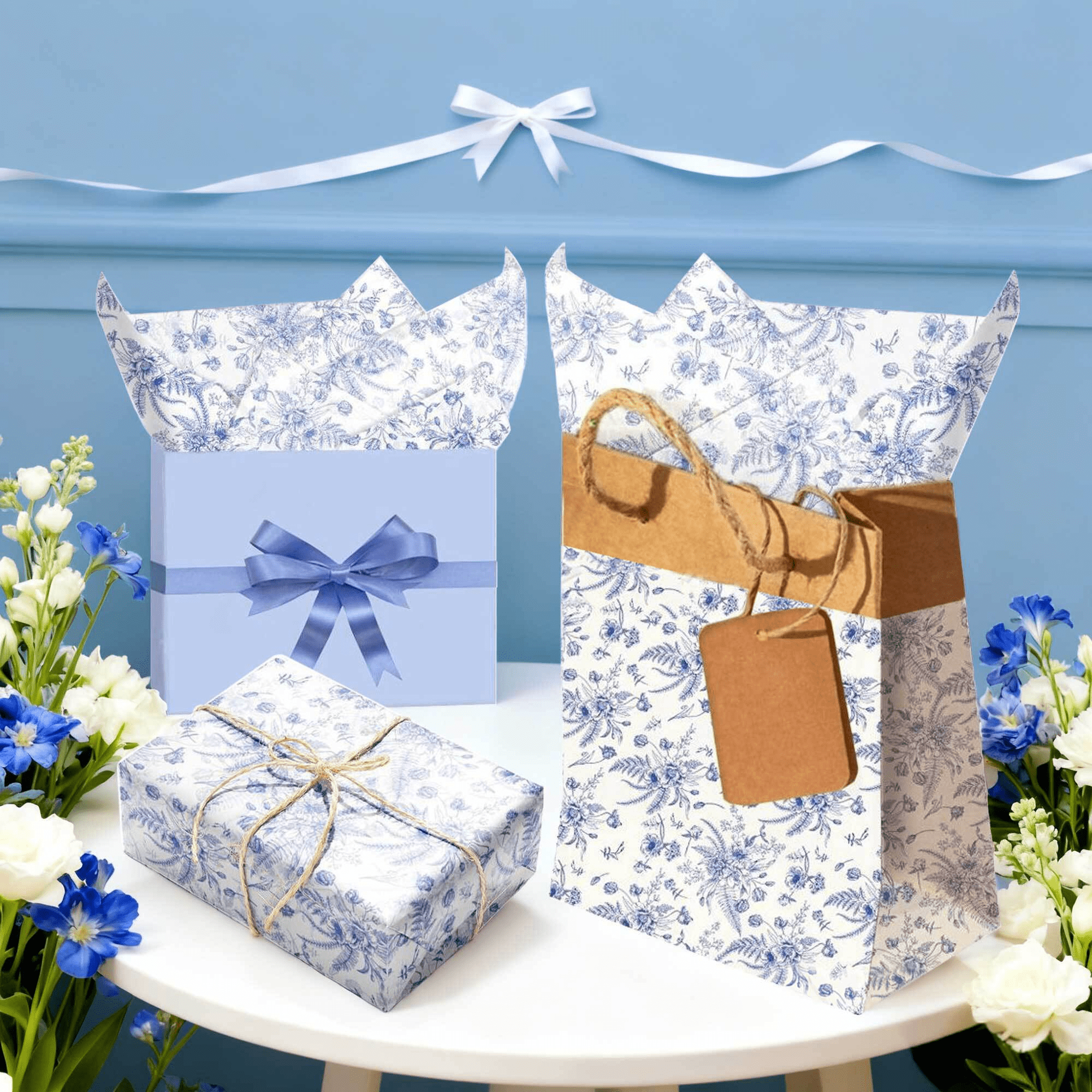 Blue and White Porcelain Patterned Tissue Paper - Chinese Elegance for Party Decor & Gift Wrapping, 50 Sheets