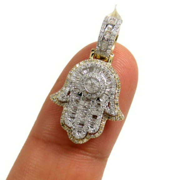 2 Ct Baguette & Round Cut Moissanite Hamsa Hand Pendant 14k Yellow Gold Plated
