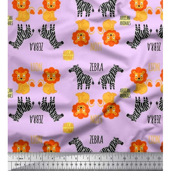 Soimoi Purple Cotton Voile Fabric Text,Wild Animal & Lion Kids Print Fabric by The Yard 42 Inch Wide