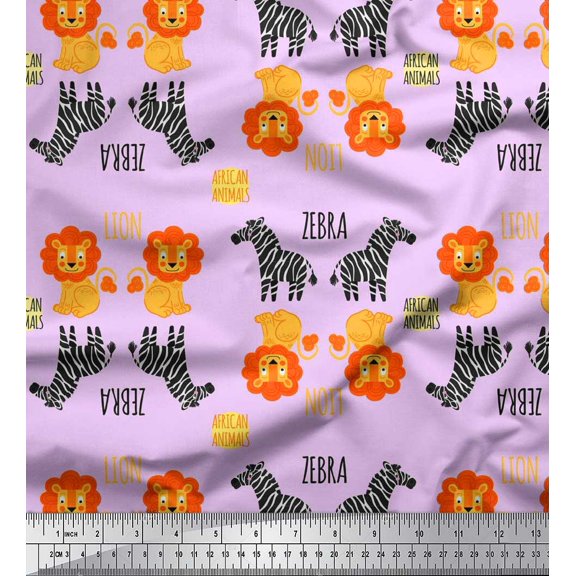 Soimoi Purple Poly Crepe Fabric Text,Wild Animal & Lion Kids Print Fabric by Yard 42 Inch Wide