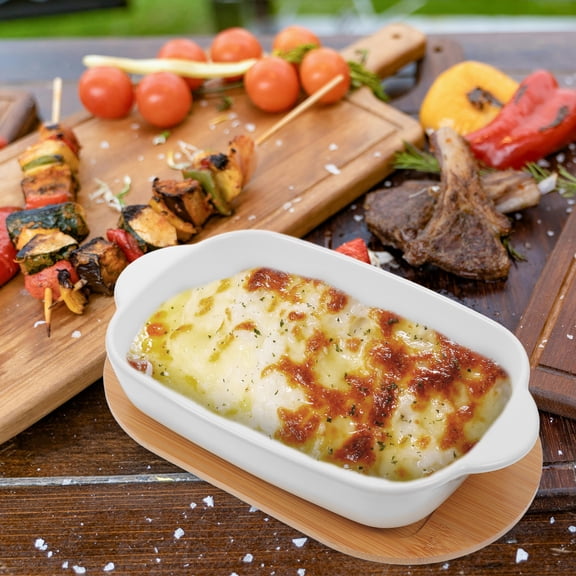 OULII Baking Tray Oven Rectangular Porcelain Baking Dish with Wooden Base 1 Set