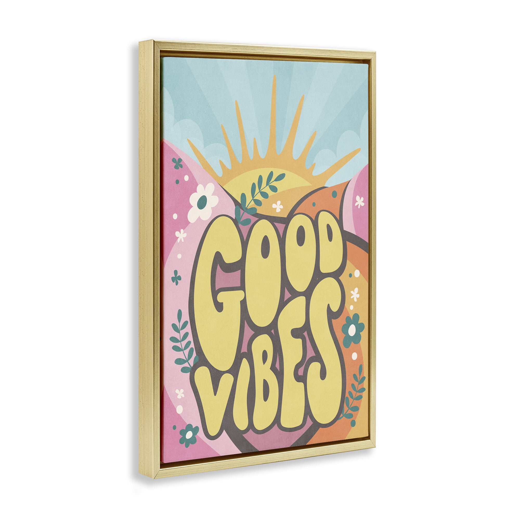 Stupell Industries Good Vibes Groovy Nature Text & Numbers Painting Gold Floater Framed Canvas Art Print Wall Art, 17 x 25