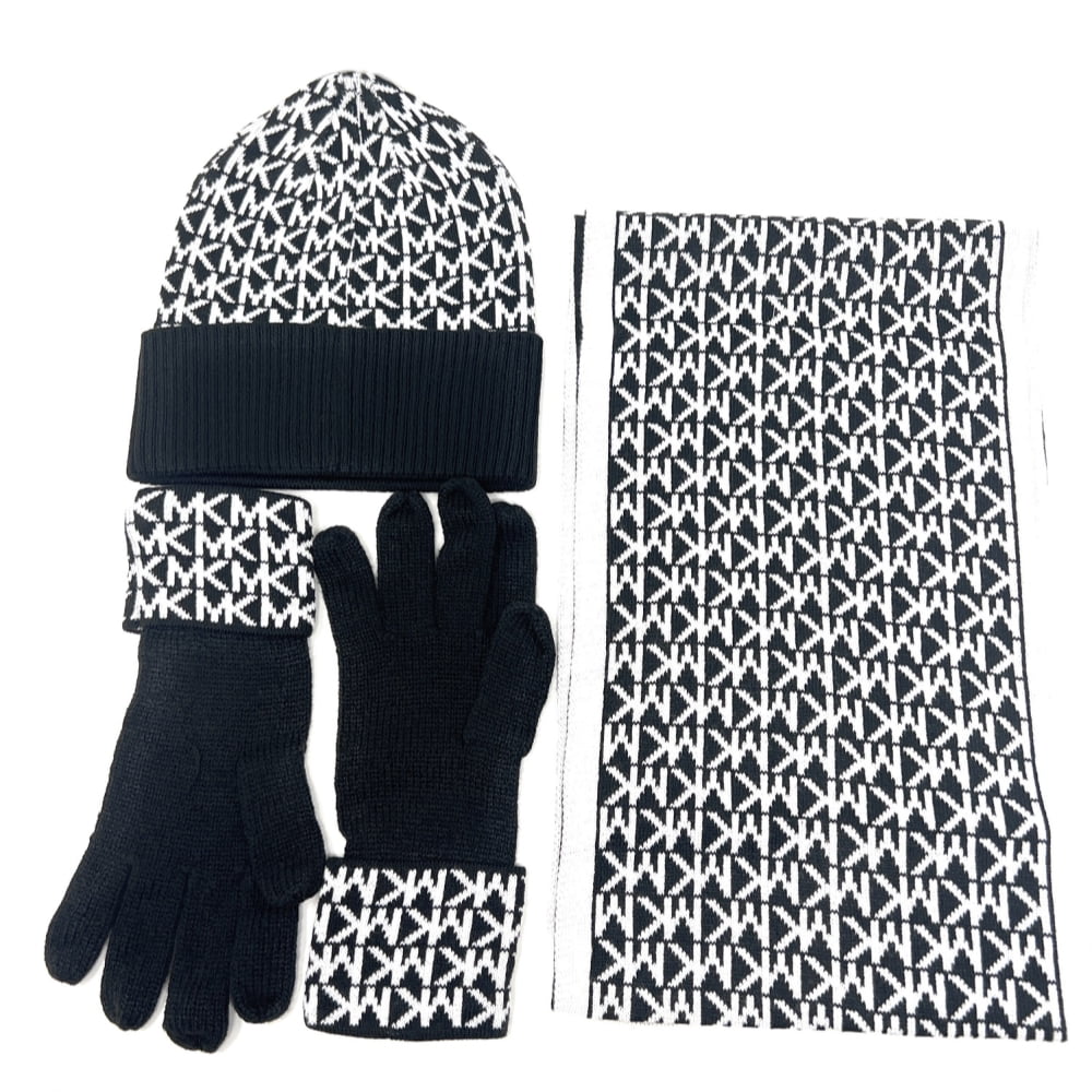 Michael Kors Black & White Scarf, Hat, Gloves Gift Set 