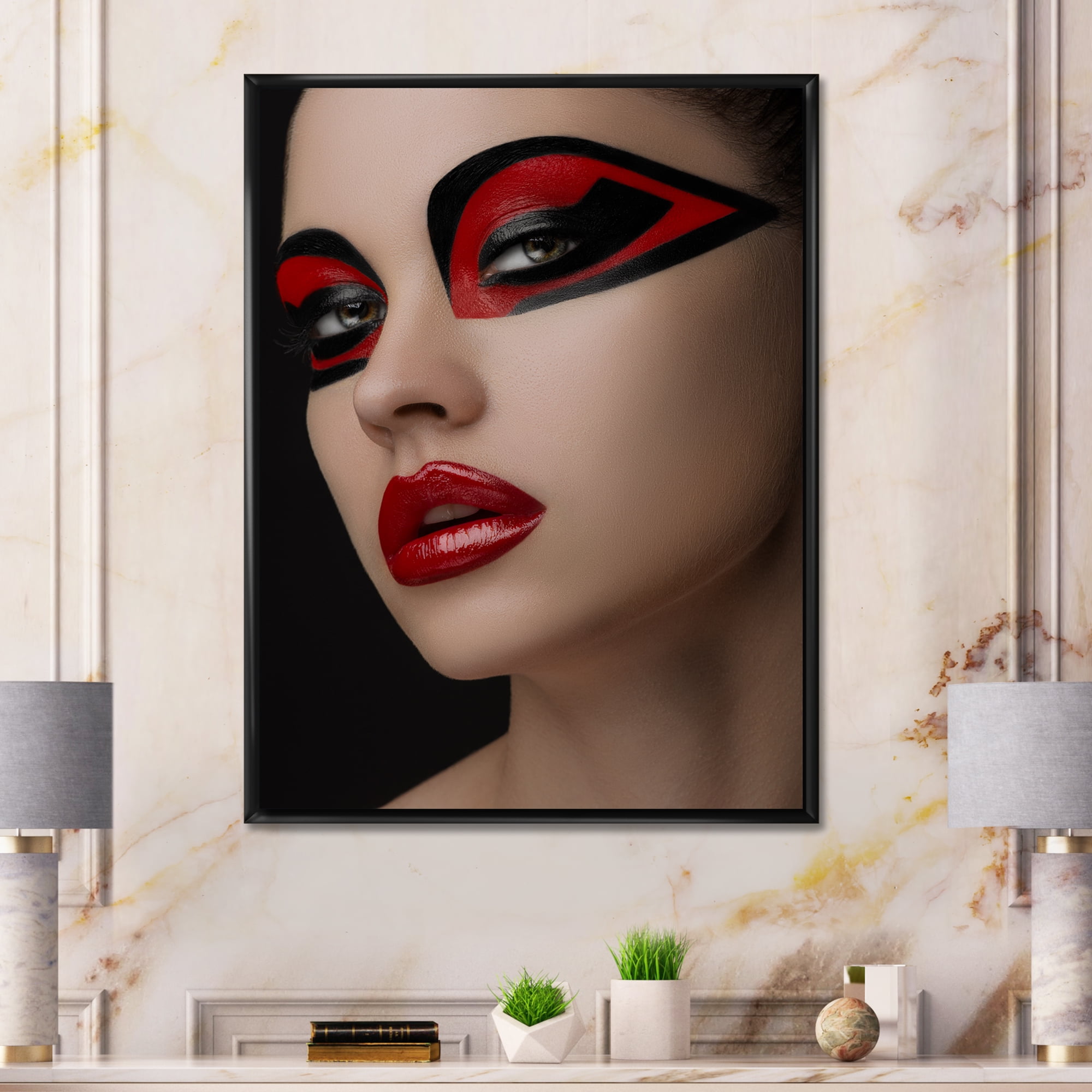 Red Lips Black Makeup On The Eyes of Mask Girl 16 in x 32 in Framed Photography Canvas Art Print, by Designart