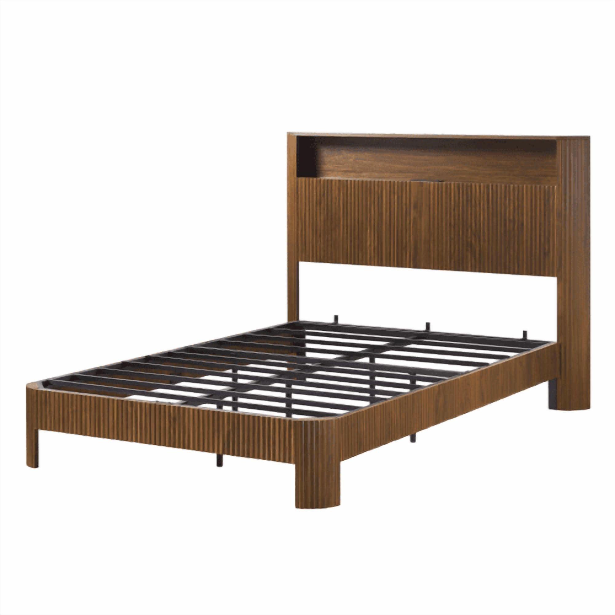 Full XL Bed Frame with Storage Headboard & Built-in Charging Station - Modern Wavy Design, Silent Metal Support, Walnut Finish, Farmhouse Bed