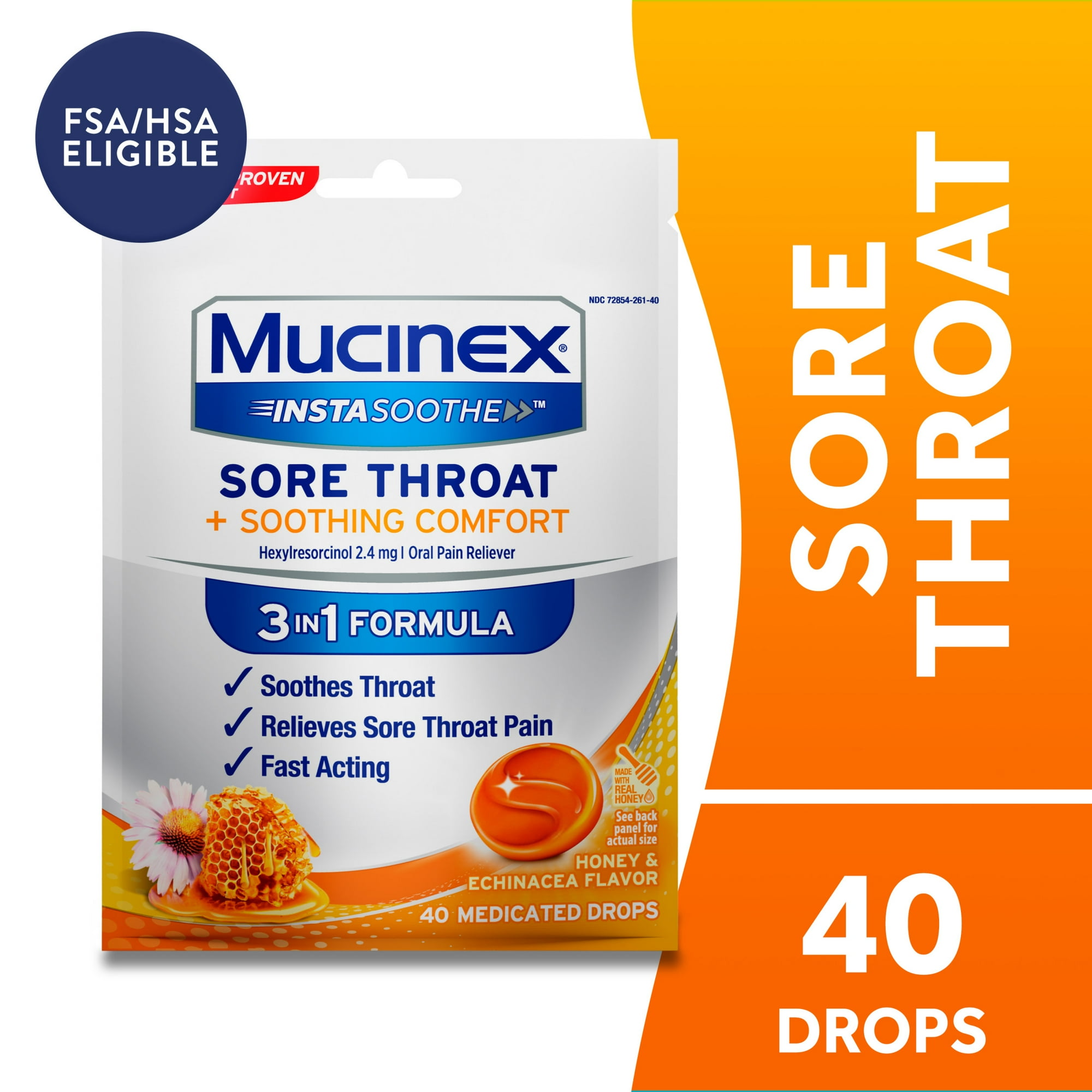 Mucinex Instasoothe Sore Throat Lozenges, Honey & Echinacea Flavor, FSA Eligible, 40 Count