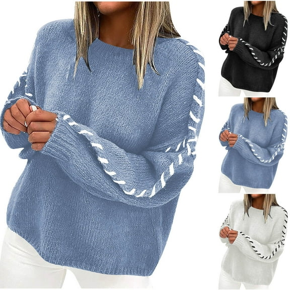 FRSASU Women's fashionable and comfortable Chunky Knit Sweaters Casual Long Sleeve Crew Neck Oversized Pullover Sweater Winter Fall Spring Tops White