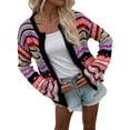 thumbnail image 3 of Women'S Multicolored Striped Crochet Knit Cardigan Crew Neck Flared Sleeve Button Y2K Sweater Coat Black S, 3 of 10